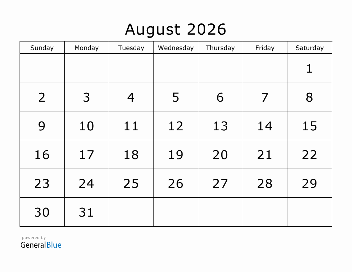 August 2026 Calendar Printable