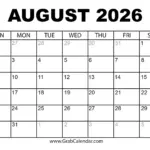 Printable August 2026 Calendar
