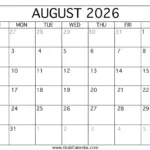 Printable August 2026 Calendar