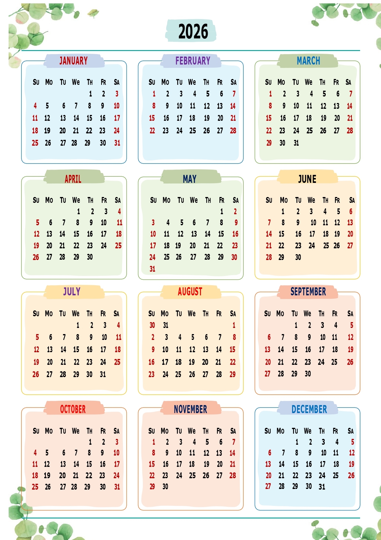 2026 Calendar One Page Printable