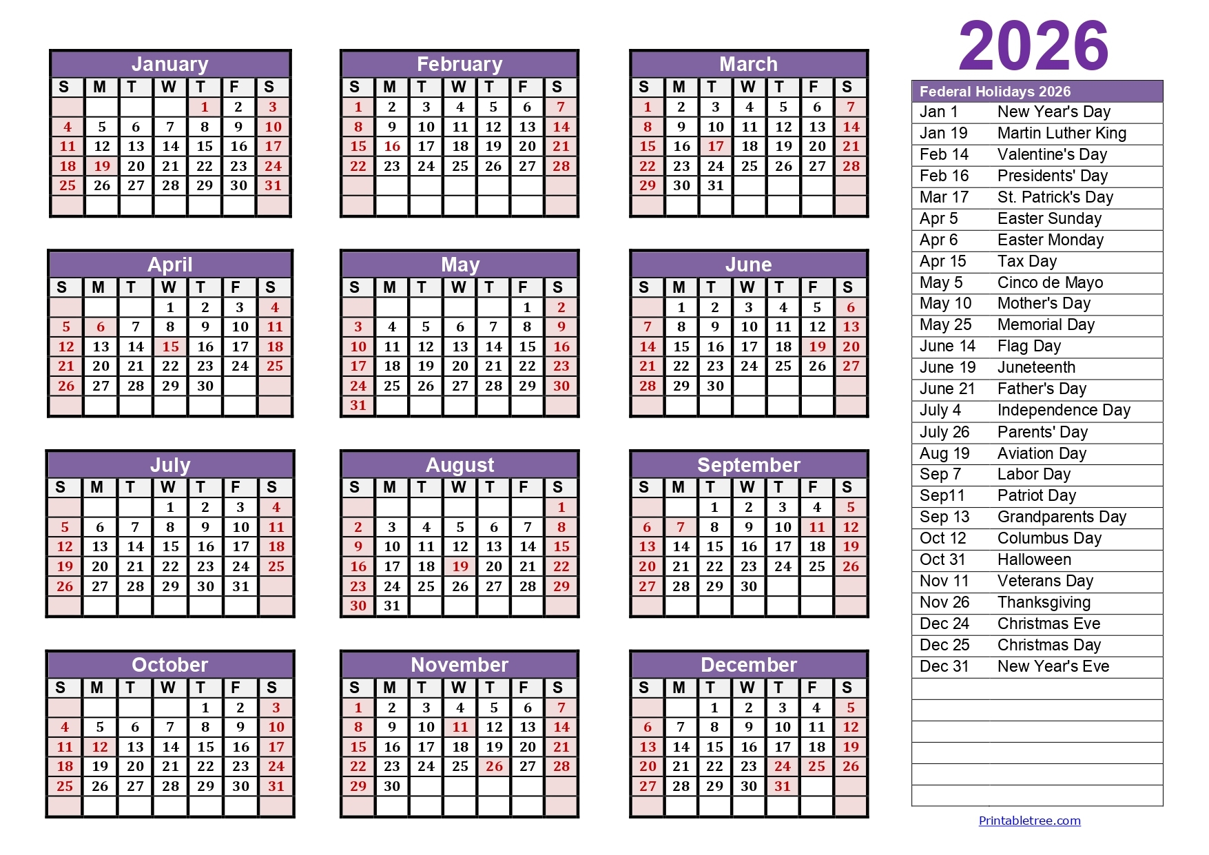 Free Printable 2026 Yearly Calendar Printable
