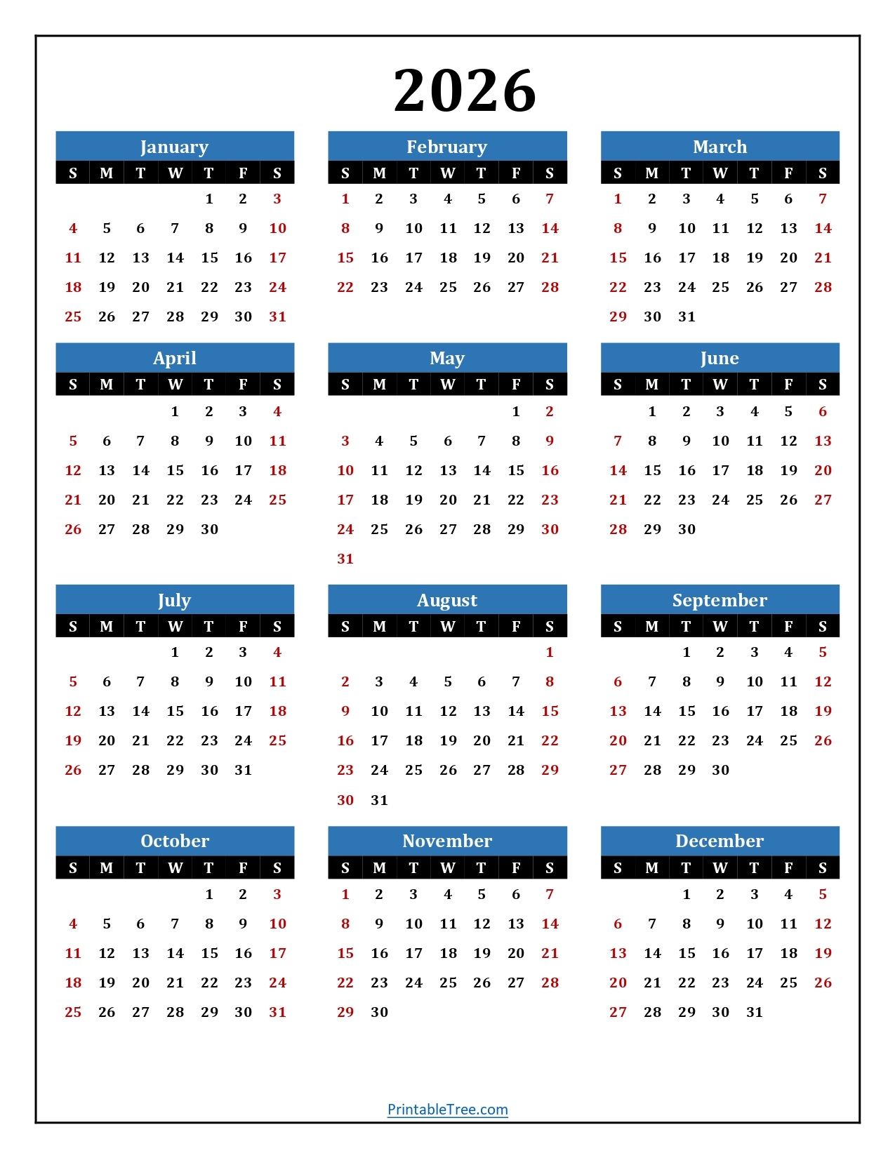 Yearly Calendar Printable 2026