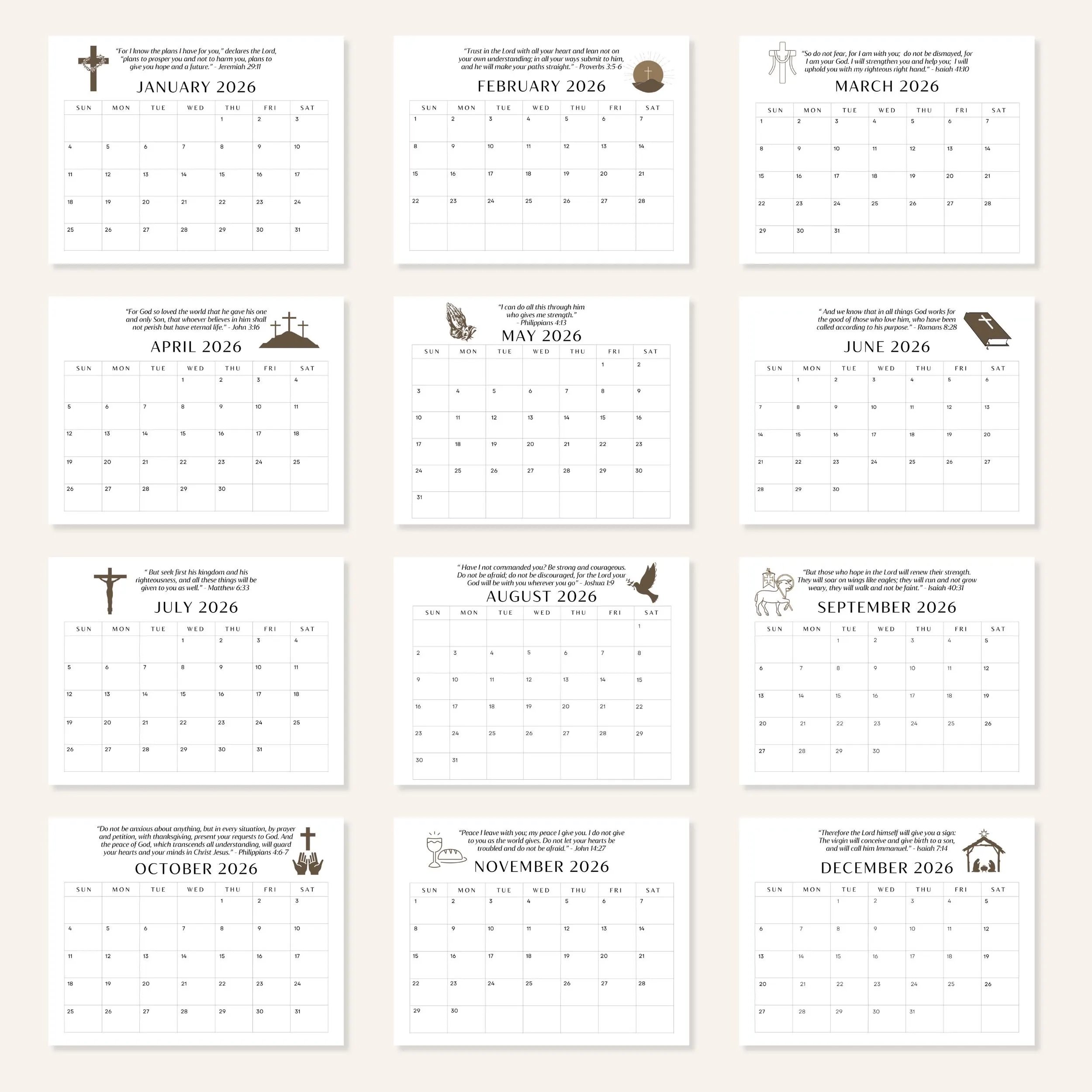 Printable Christian Calendar 2026 Monthly Calendar With Bible Verses Sayings Quotes Phrases 2025 Printable Bible Verse Calendar Scriptures Etsy