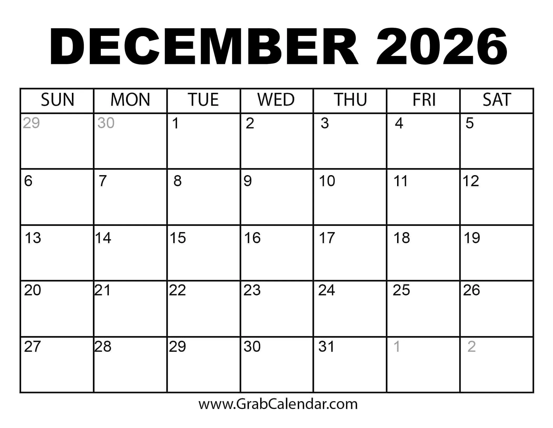 December 2026 Calendar With Holidays Printable