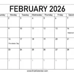 Printable February 2026 Calendar