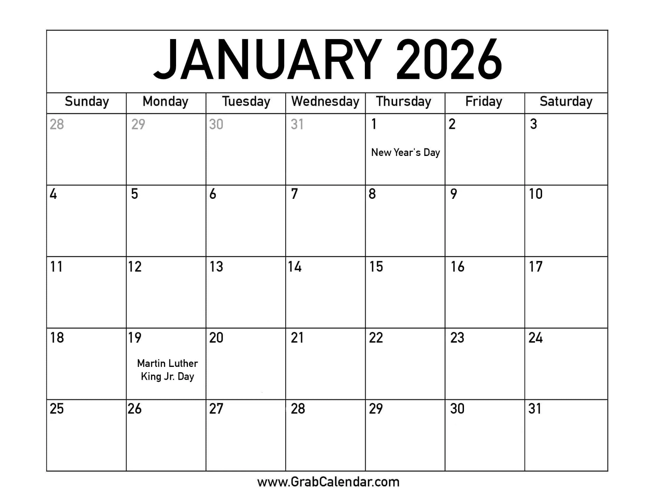 2026 Free Printable Calendar With Holidays