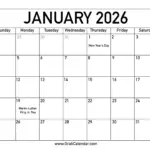 Printable January 2026 Calendar
