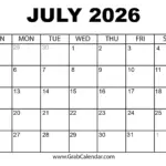 Printable July 2026 Calendar