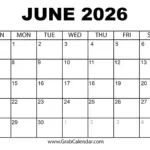 Printable June 2026 Calendar