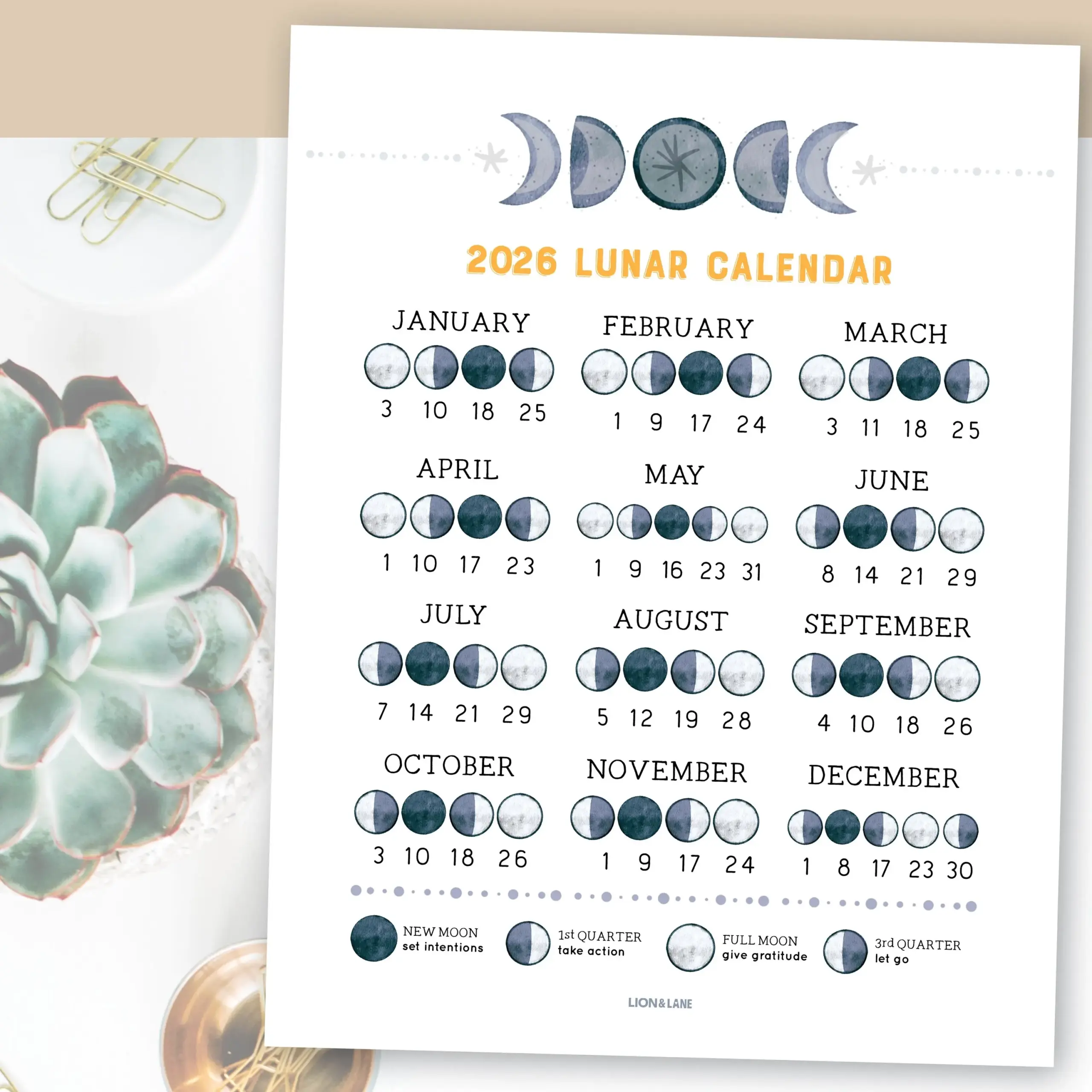 Printable Lunar Calendar 2026 Moon Phase Calendar 2026 Moon Calendar Full Moons 2026 Lunar Planner Instant Download Moon Planner Etsy