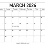 Printable March 2026 Calendar