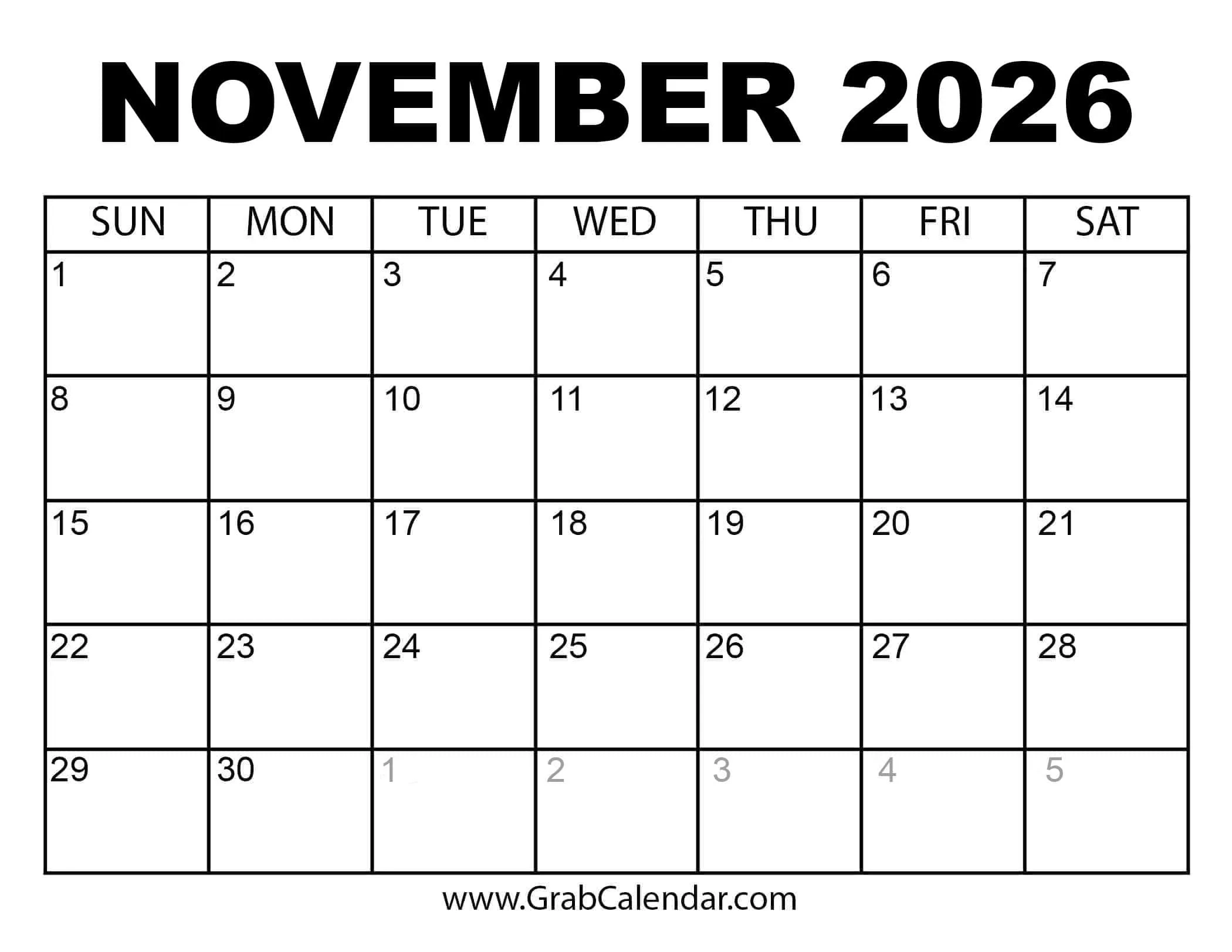 November 2026 Calendar With Holidays Printable