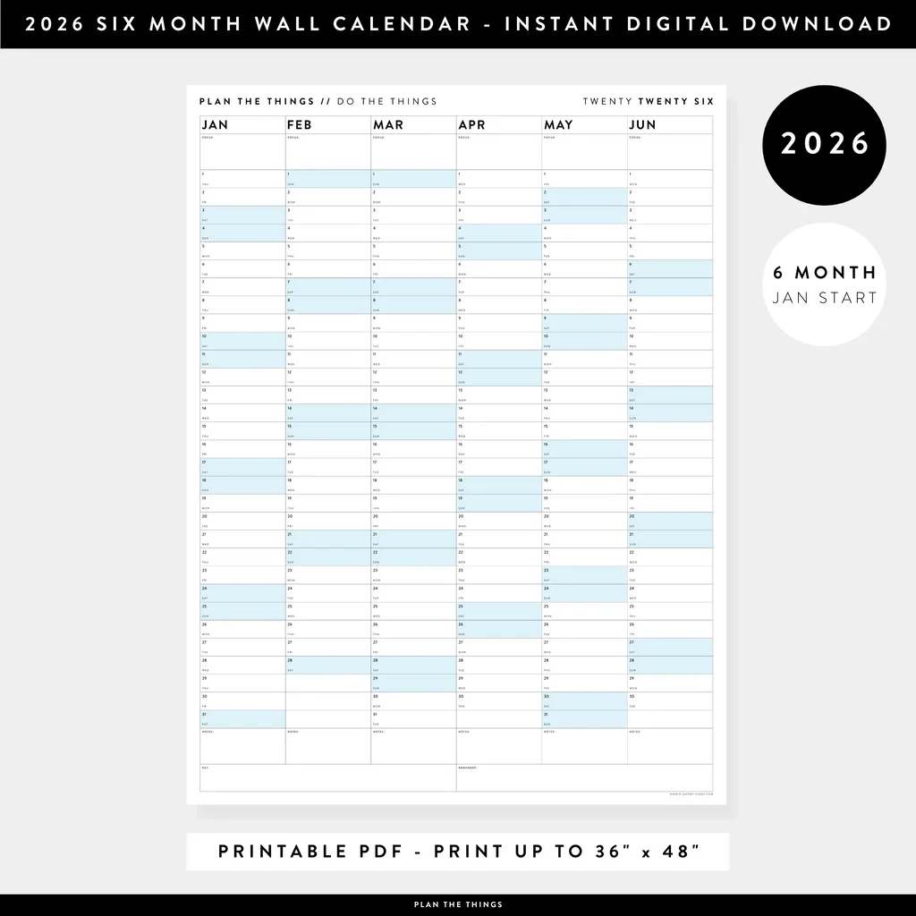 PRINTABLE SIX MONTH 2026 WALL CALENDAR JANUARY TO JUNE WITH BLUE WEE Plan The Things