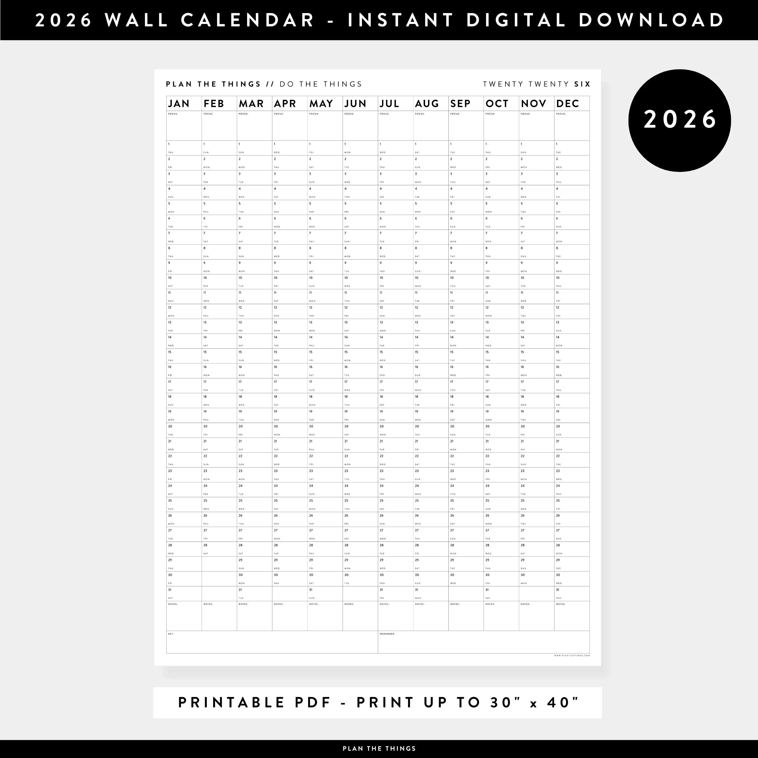 PRINTABLE VERTICAL 2026 WALL CALENDAR MINIMAL INSTANT DOWNLOAD Plan The Things