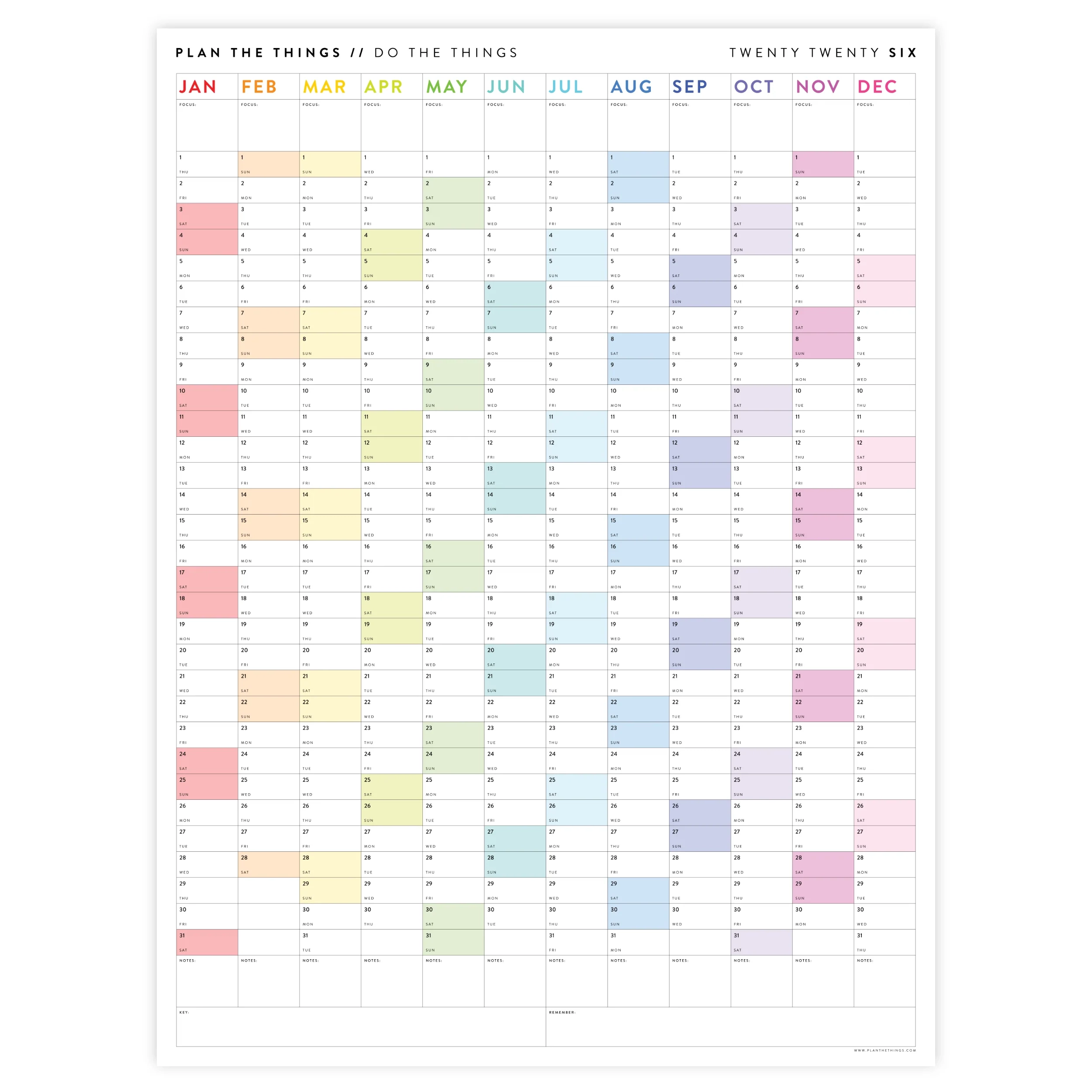 PRINTABLE VERTICAL 2026 WALL CALENDAR WITH RAINBOW WEEKENDS INSTANT Plan The Things