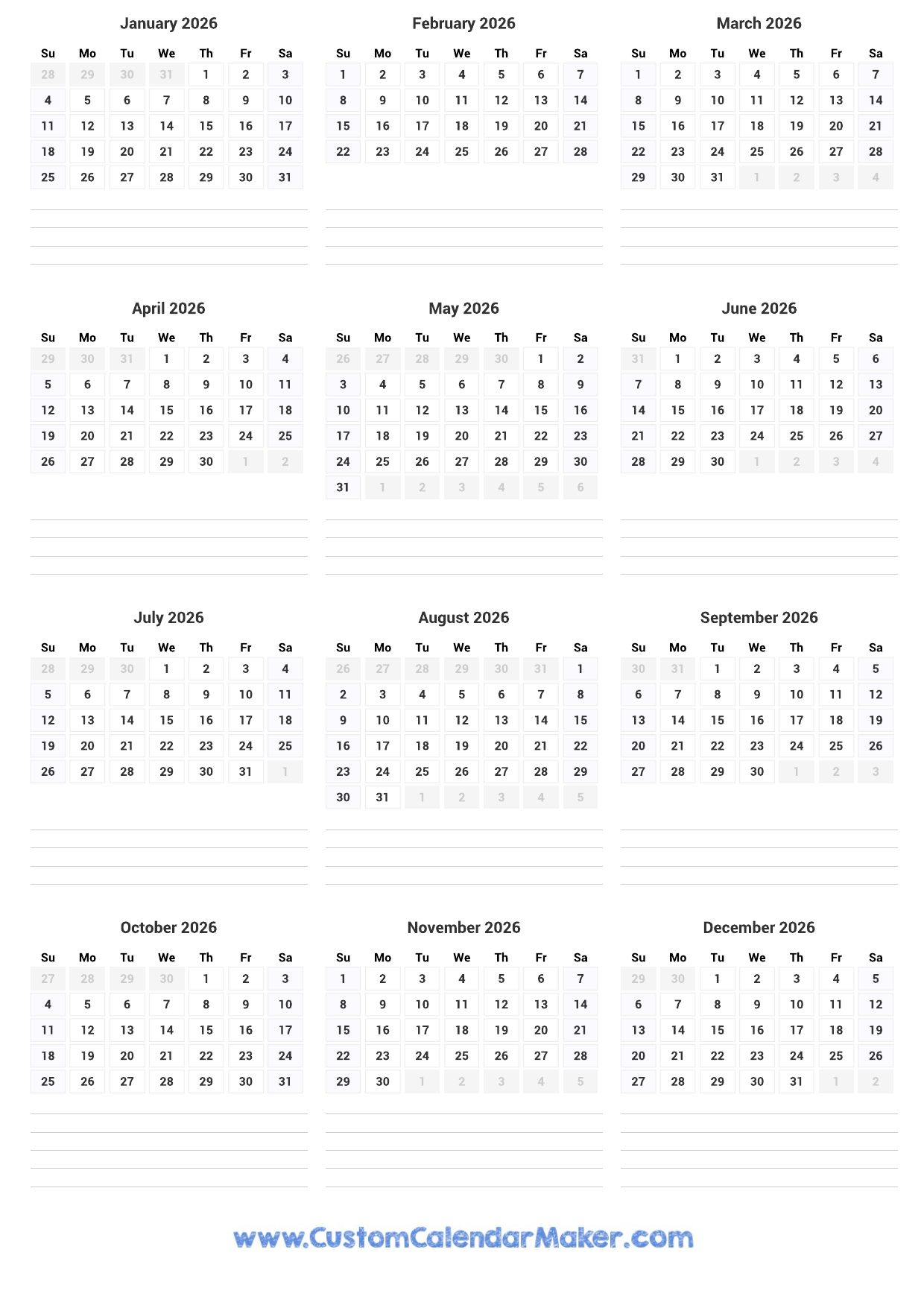 Printable Yearly Calendar 2026 Full Year At A Glance Custom Calendar Maker
