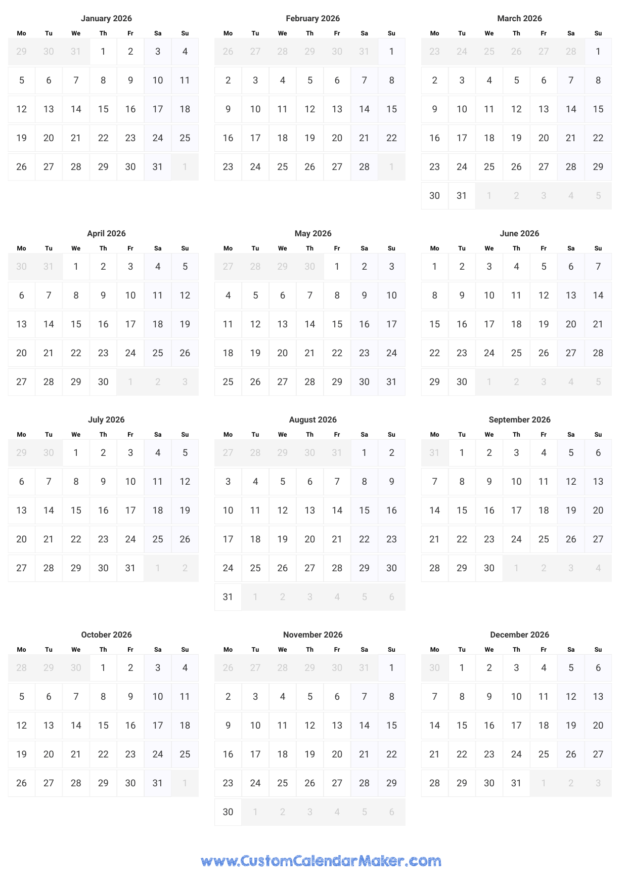 2026 Yearly Calendar Printable