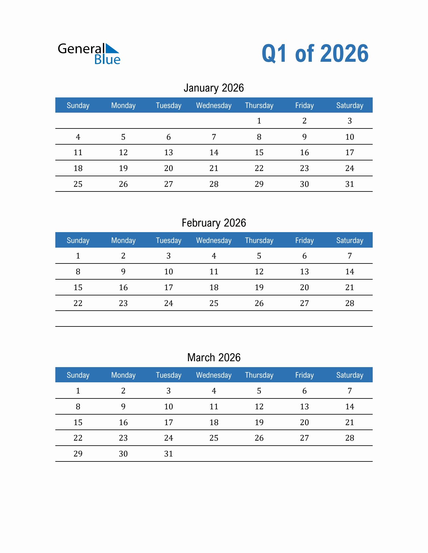 Printable Quarterly Calendar 2026