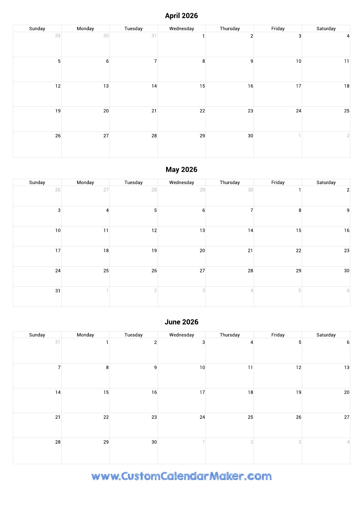 2026 Quarterly Calendar Printable Free