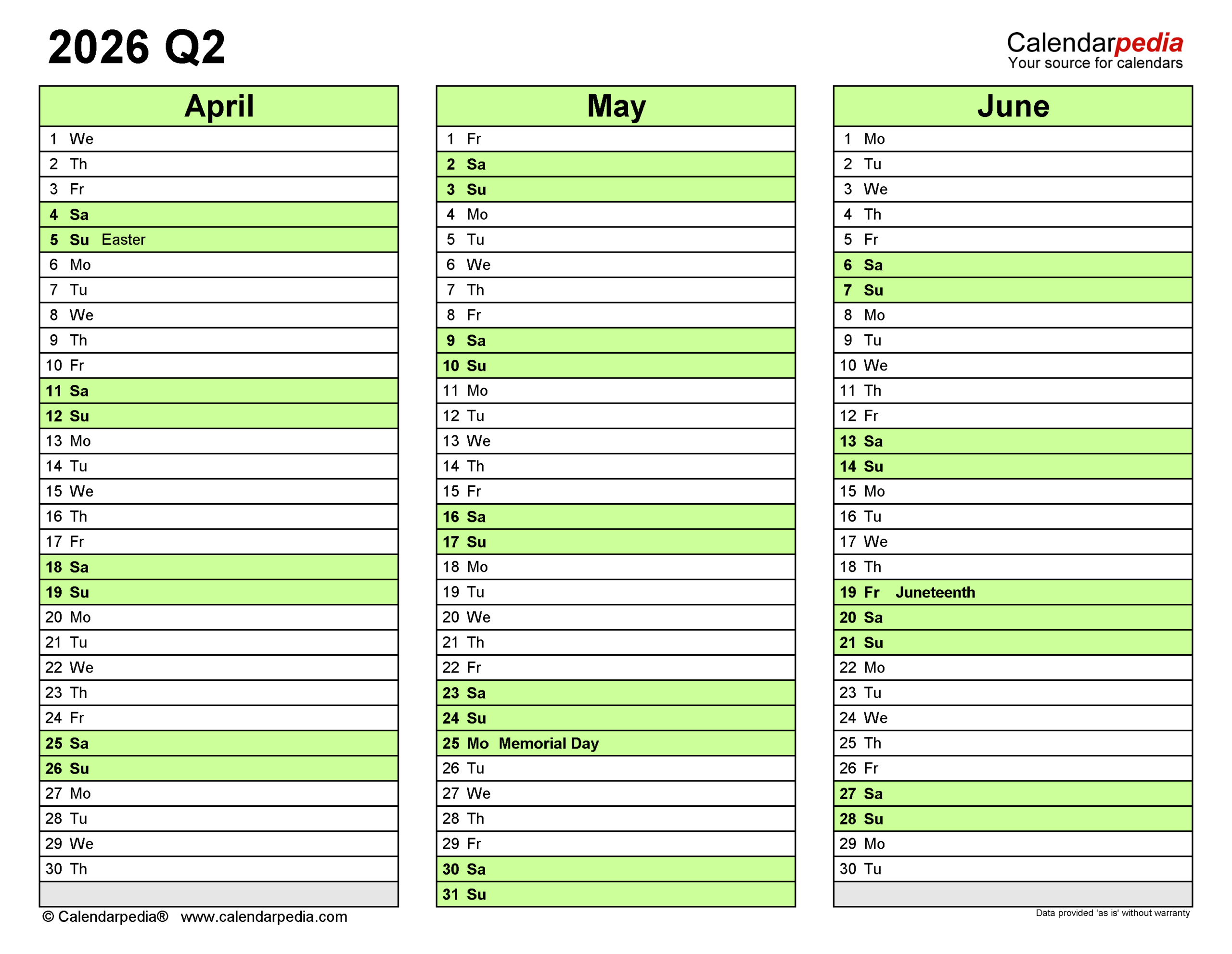3 Month Printable Calendar 2026