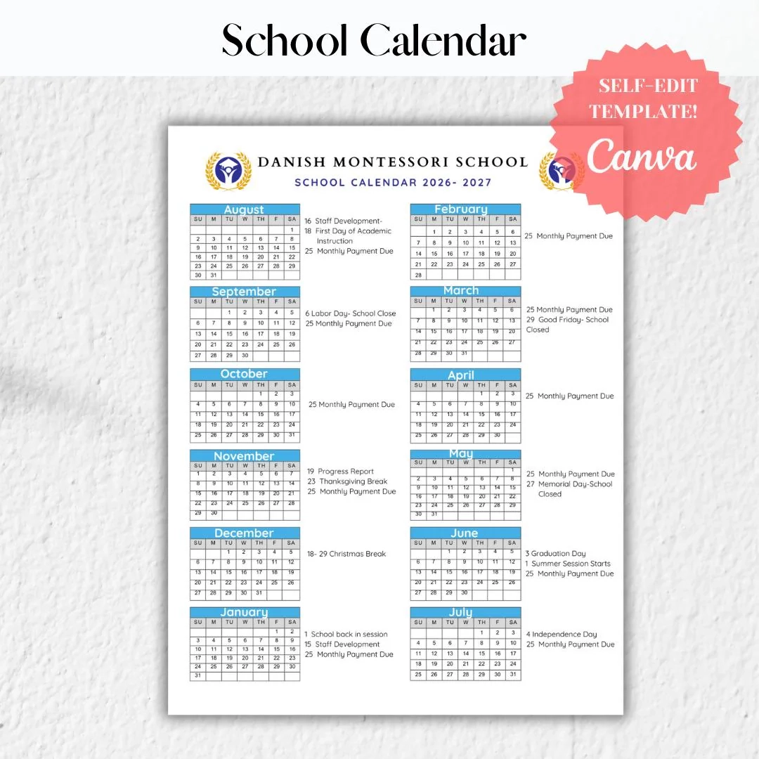 School Calendar 2026 2027 Perfect For Preschool Daycare Or Childcare Center EDITABLE Etsy
