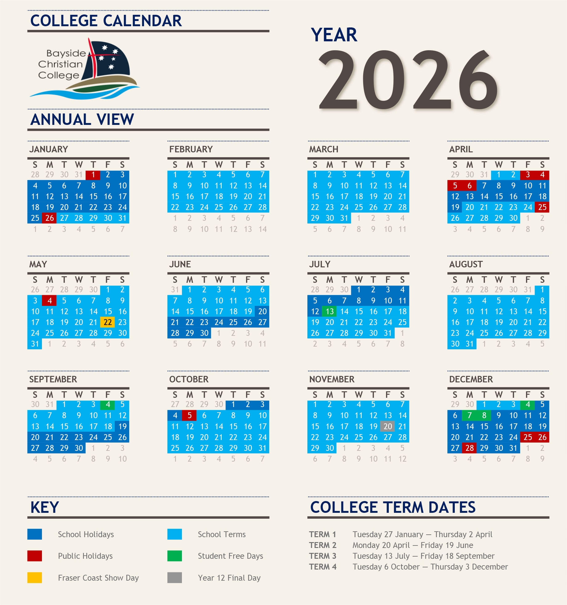 School Calendar Bayside Christian College Hervey Bay