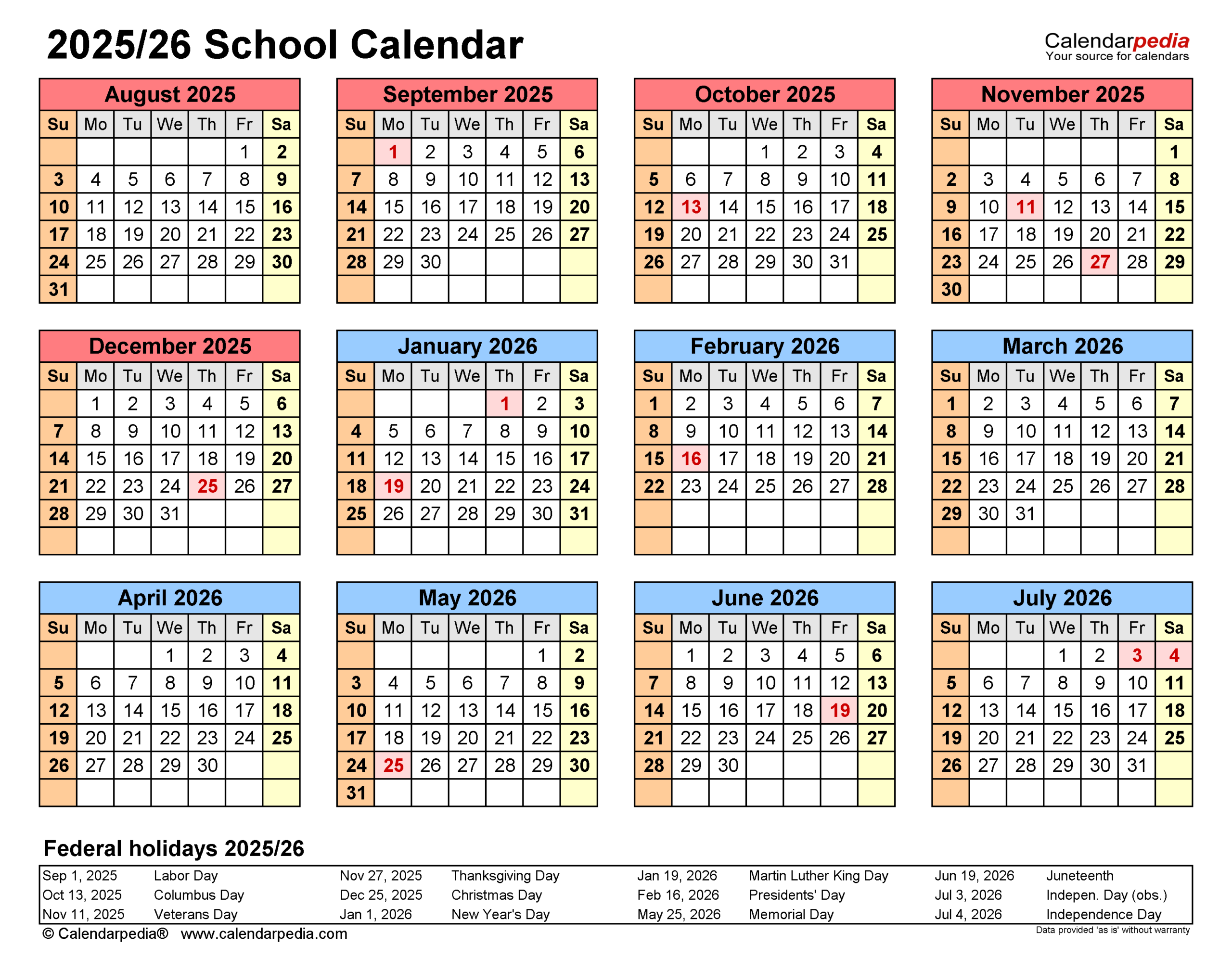 2026 School Calendar Printable