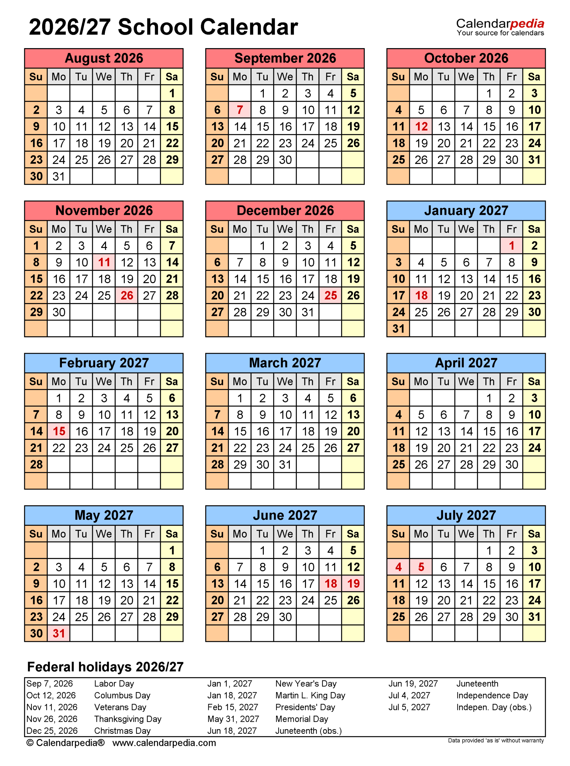 2026 27 School Calendar Printable
