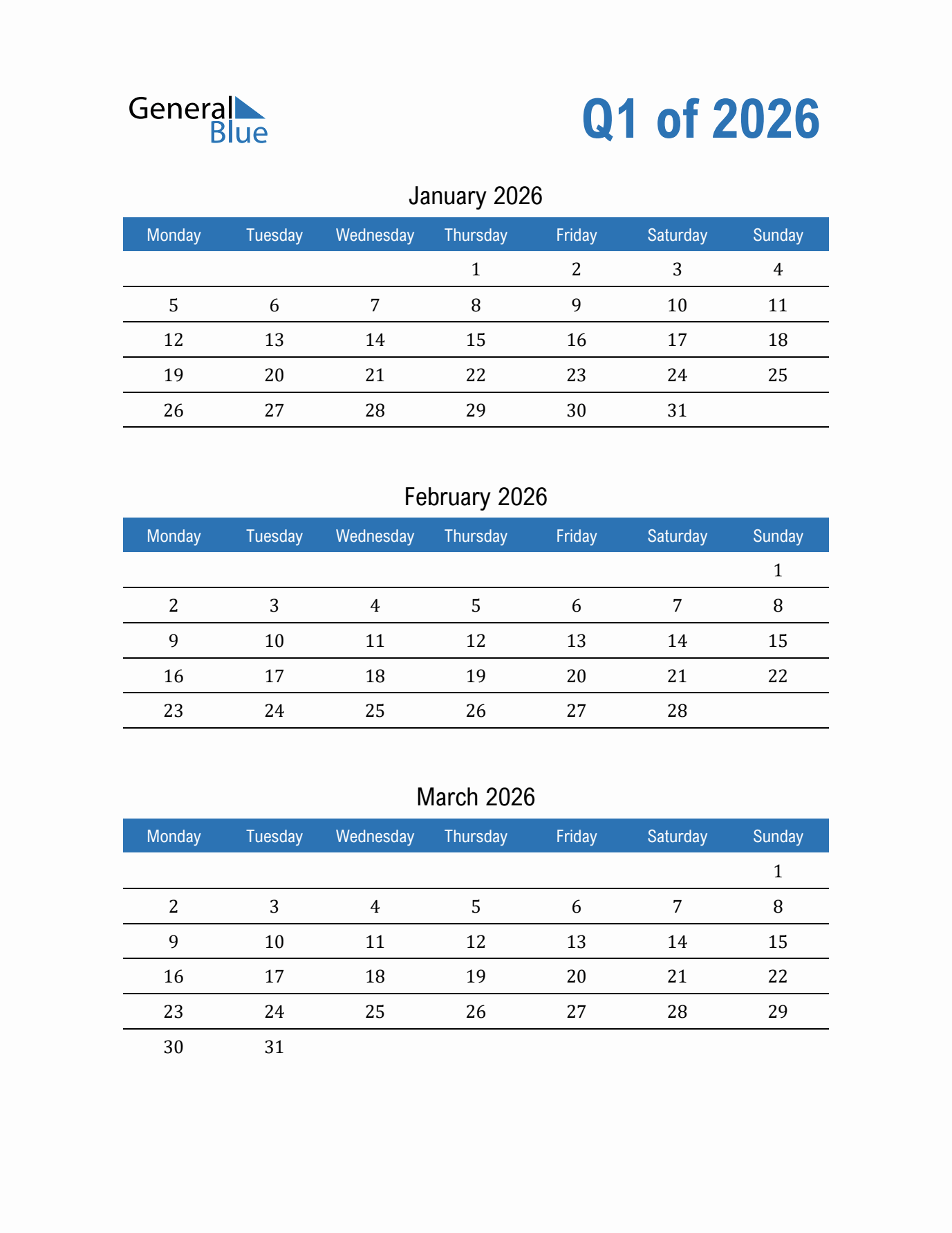Printable 3 Month Calendar 2026