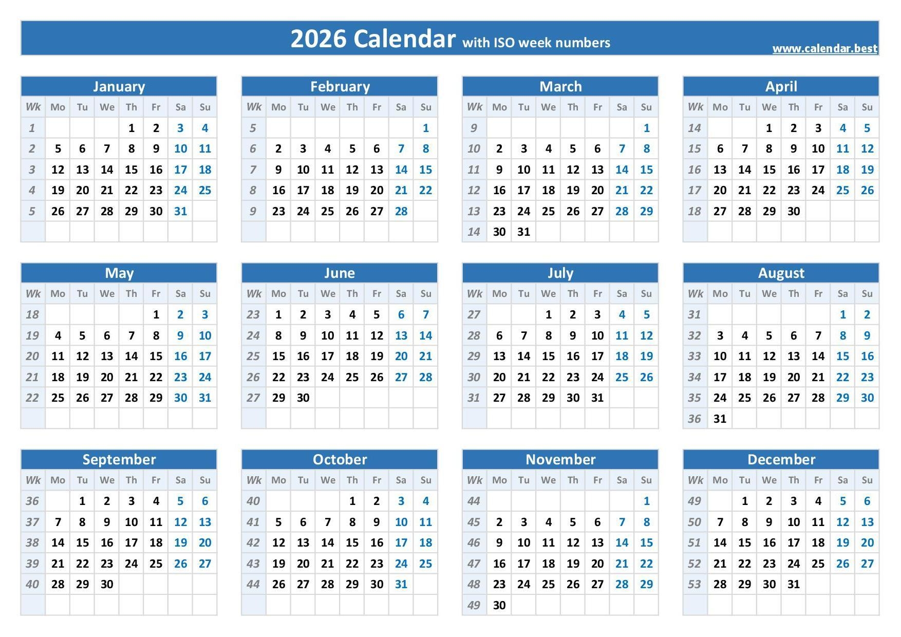 Timeshare Week Calendar 2026 Printable