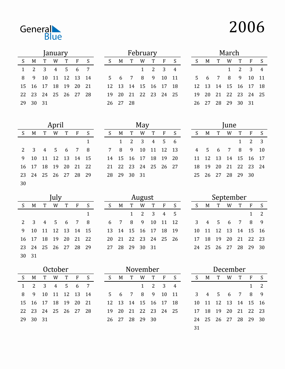 Year 2006 Free Printable 12 Month Calendar