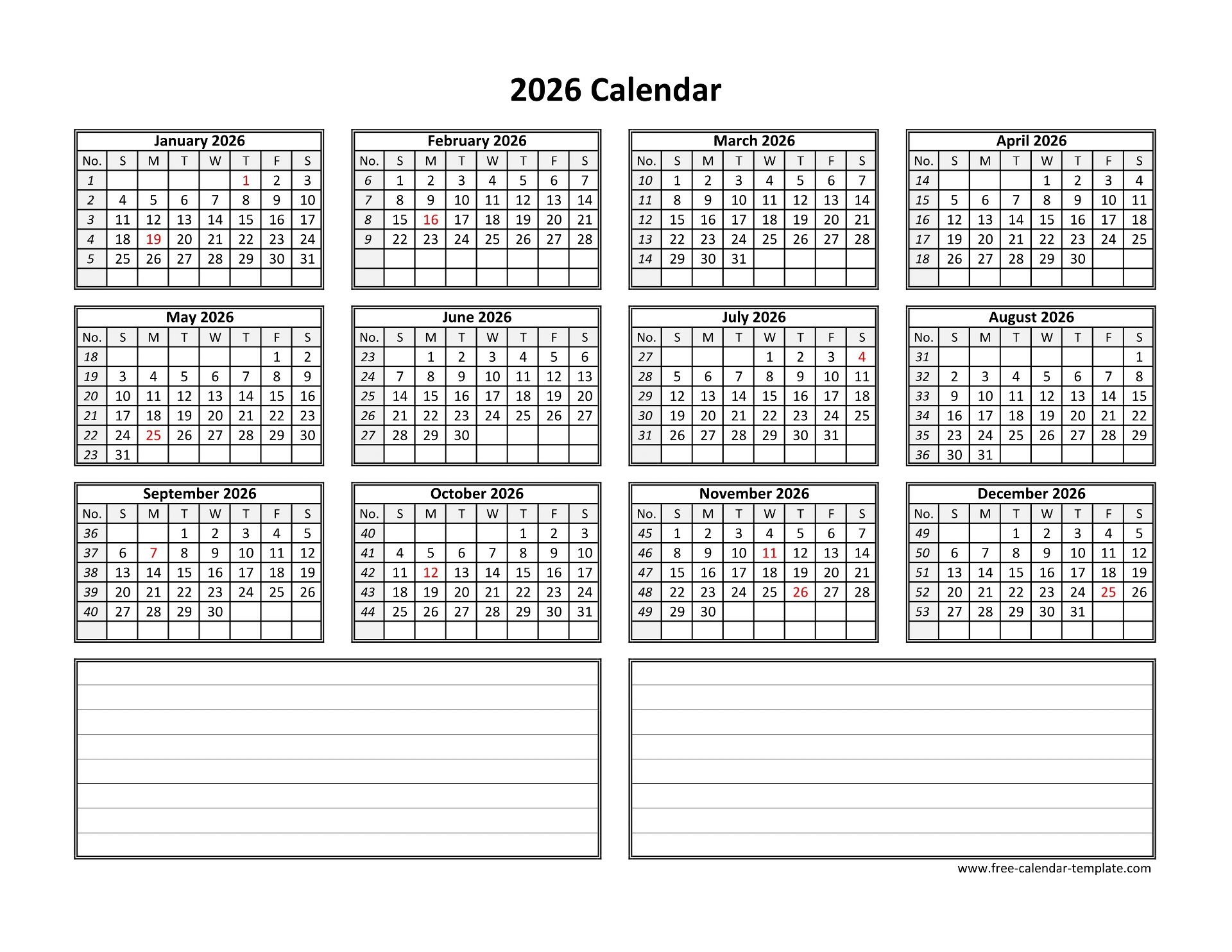 Yearly 2026 Calendar Printable With Space For Notes Free calendar template 