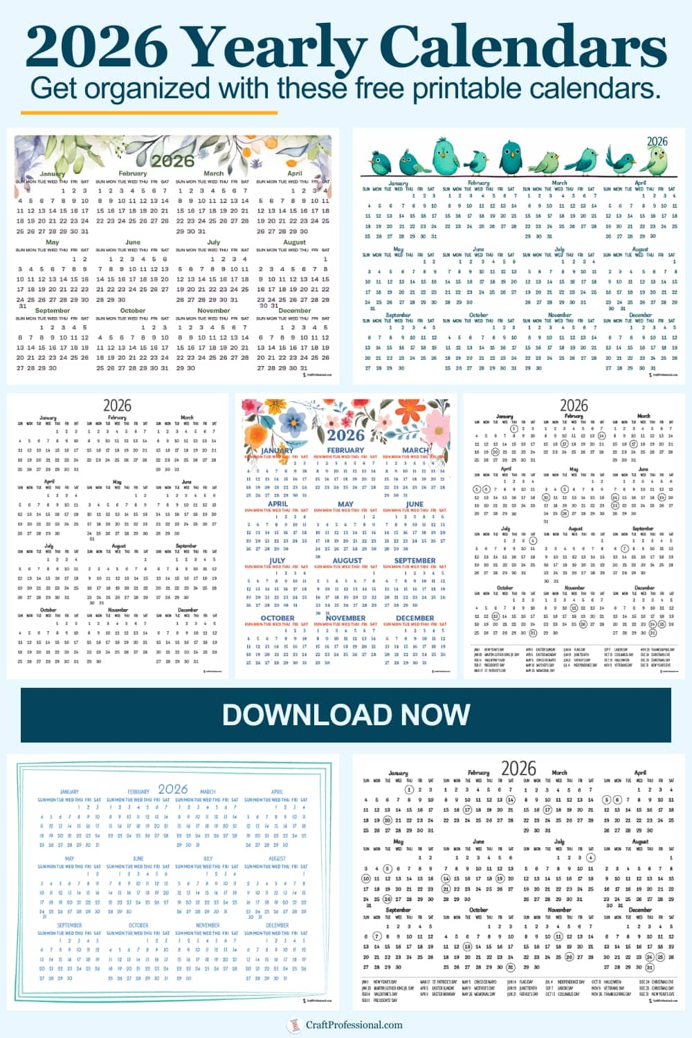 Yearly Calendar Printable 2026 Free One Page Calendars